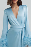 Sky Blue V-Neck Bodycon Short Work Dress with Feathers
