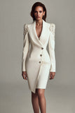Sparkly Ivory Shawl Lapel Bodycon Satin Short Blazer Dress with Sleeves