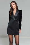 Black Satin Tight Peak Lapel Short Blazer Dress with Sleeves