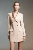 Champagne Shawl Lapel Double Breasted Short Blazer Dress with Sleeves