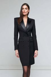 Pencil Short Black Satin Peak Lapel Blazer Dress with Sleeves