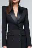 Pencil Short Black Satin Peak Lapel Blazer Dress with Sleeves