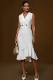 Midi Ivory Notched Lapel Pencil Blazer Dress with Ruffles
