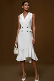 Ivory Notched Lapel Double Breasted Midi Pencil Blazer Dress with Ruffles