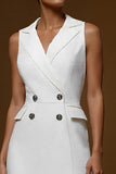 Ivory Notched Lapel Double Breasted Midi Pencil Blazer Dress with Ruffles
