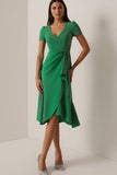 Midi Green Ruched Ruffled Pencil Work Dress with Sleeves