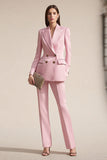 Pink 2 Piece Double Breasted Satin Peak Lapel Business Suits