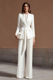 Shawl Lapel 2 Piece Wide Leg Ivory Business Suits with Sash