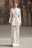 Shawl Lapel Wide Leg Ivory 2 Piece Business Suits with Sash