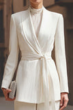 Shawl Lapel Wide Leg Ivory 2 Piece Business Suits with Sash