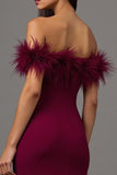 Maxi Burgundy Off the Shoulder Sheath Formal Dress with Feathers