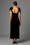 Black Square Neck Satin Sheath Maxi Formal Dress with Bow