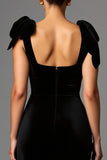 Black Square Neck Satin Sheath Maxi Formal Dress with Bow