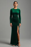 Dark Green Round Neck Sheath Velvet Maxi Holiday Party Dress with Slit