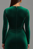 Dark Green Round Neck Sheath Velvet Maxi Holiday Party Dress with Slit