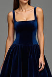 Navy A Line Velvet Square Neck Maxi Holiday Party Dress