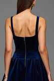 Navy A Line Velvet Square Neck Maxi Holiday Party Dress