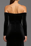 Maxi Black Velvet Off the Shoulder Sheath Holiday Party Dress