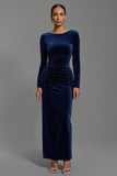 Maxi Navy Velvet Boat Neck Sheath Holiday Party Dress with Sleeves