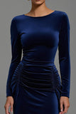 Maxi Navy Velvet Boat Neck Sheath Holiday Party Dress with Sleeves