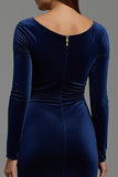 Maxi Navy Velvet Boat Neck Sheath Holiday Party Dress with Sleeves