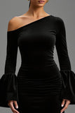 Black One Shoulder Sheath Long Sleeves Velvet Holiday Party Dress
