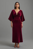 Burgundy V-Neck Velvet Sheath Maxi Holiday Party Dress with Sleeves