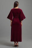 Burgundy V-Neck Velvet Sheath Maxi Holiday Party Dress with Sleeves