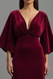 Burgundy V-Neck Velvet Sheath Maxi Holiday Party Dress with Sleeves