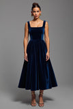 Velvet Navy A Line Square Neck Maxi Holiday Party Dress