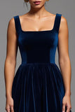 Velvet Navy A Line Square Neck Maxi Holiday Party Dress