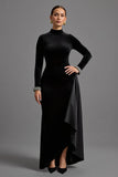 Black High Neck Velvet Maxi Holiday Party Dress with Sleeves