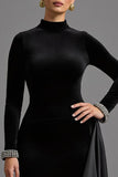 Black High Neck Velvet Maxi Holiday Party Dress with Sleeves