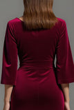 Sheath Burgundy Velvet V-Neck Half Sleeves Maxi Holiday Party Dress