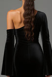 Velvet Black One Shoulder Long Sleeves Holiday Party Dress