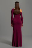 Burgundy One Shoulder Sheath Satin Long Sleeves Formal Dress