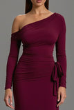 Burgundy One Shoulder Sheath Satin Long Sleeves Formal Dress