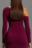Burgundy One Shoulder Sheath Satin Long Sleeves Formal Dress