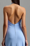 Blue Halter Satin Backless Maxi A Line Formal Dress