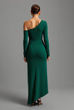 Dark Green One Shoulder Satin Sheath Maxi Formal Dress