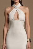 Ivory Halter Keyhole Maxi Sheath Satin Formal Dress