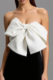 Black and White Strapless Maxi Satin Formal Dress with Bows