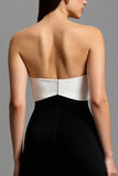 Black and White Strapless Maxi Satin Formal Dress with Bows
