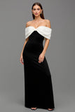 Black and White Satin Off the Shoulder Maxi Formal Dress