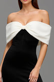 Black and White Satin Off the Shoulder Maxi Formal Dress