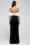 Black and White Satin Off the Shoulder Maxi Formal Dress