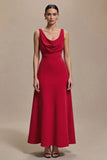 Red Cowl Neck Satin A Line Sleeveless Maxi Formal Dress