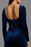 Navy Velvet Sheath Long Sleeves Holiday Party Dress