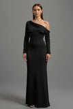Black Satin One Shoulder Sheath Maxi Formal Dress with Sleeves