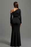 Black Satin One Shoulder Sheath Maxi Formal Dress with Sleeves